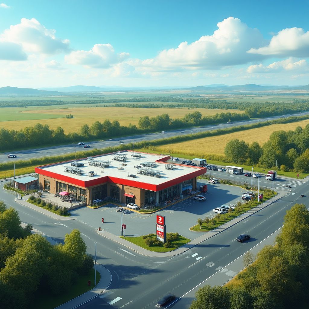 Estación NeoFuel en una autopista con área de descanso
